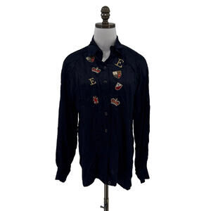 Escada Vintage Black Button Top Sz 38 Royal Patch Embroidered Long Sleeve